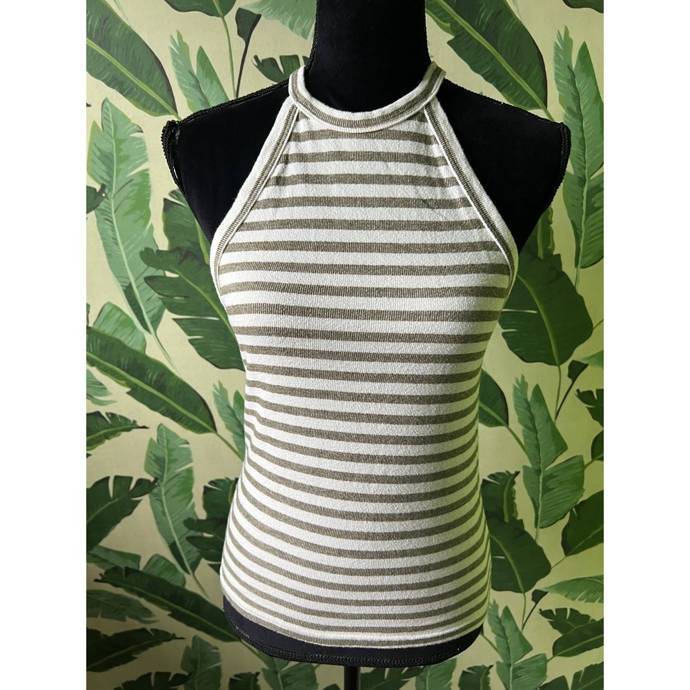 Poof Striped Halter Tank Top Womens Small Olive Green White